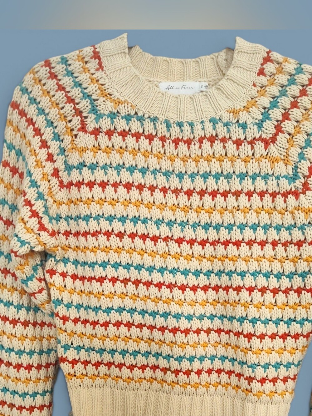 All in Favor/Nordstrom Cream Sweater with Coral Teal and Mustard Stripes, S